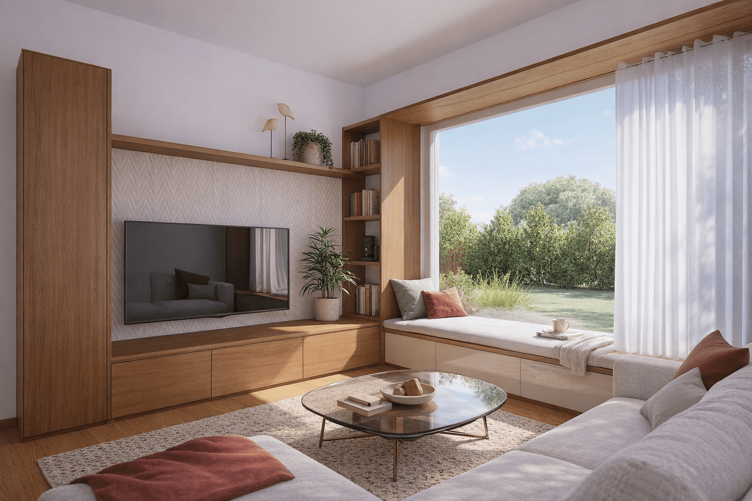 Ein modernes Wohnzimmer mit einem großen Fensterplatz, einem Sektionssofa und einem an der Wand montierten Fernseher. Das einfallende Sonnenlicht erhellt den Raum und den üppigen grünen Garten draußen.