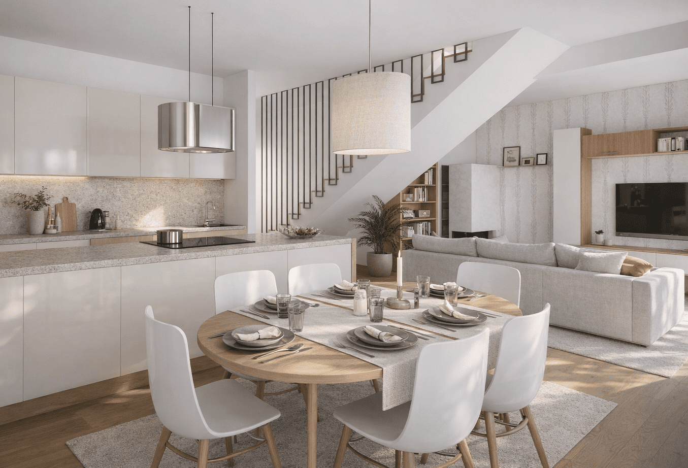 Moderner offener Wohnbereich mit Küche, Essbereich und Wohnzimmer. Helle Farben, ein Esstisch aus Holz für vier Personen, ein bequemes graues Sofa und eine Treppe mit vertikalem Holzgeländer im Hintergrund.