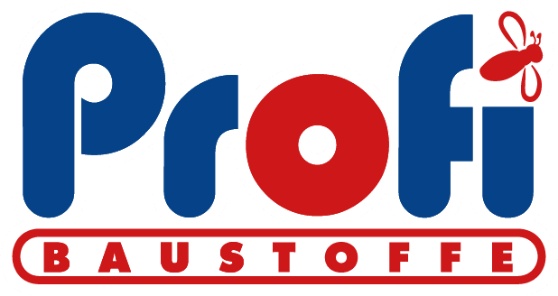 Logo mit dem Schriftzug Profi Baustoffe in fetten blauen und roten Buchstaben. Oben steht Profi, das o und das i sind rot, auf dem i ist eine rote Biene abgebildet. BAUSTOFFE steht in einem roten Rechteck darunter.