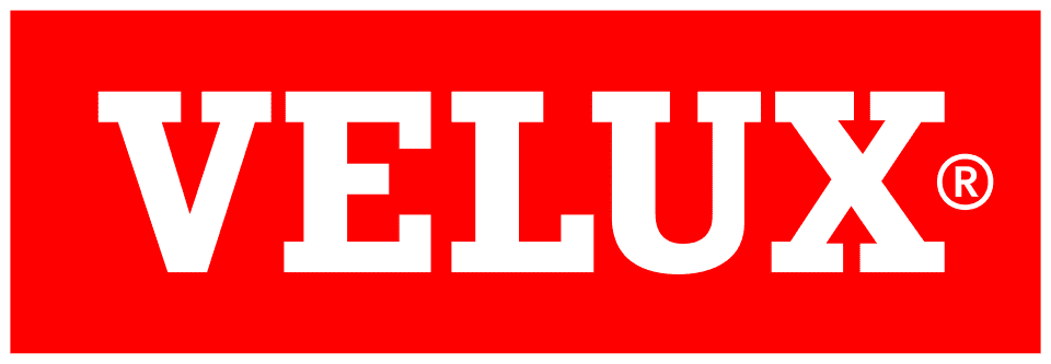 Das Bild zeigt das VELUX Logo mit dem Wort "VELUX" in fetten, weißen Großbuchstaben auf einem leuchtend roten, rechteckigen Hintergrund. Ein eingetragenes Markensymbol erscheint oben rechts neben dem Buchstaben X.