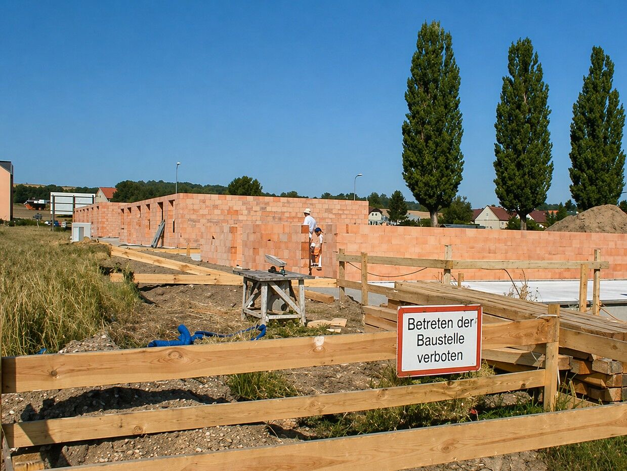 Eine Baustelle mit teilweise gemauerten Wänden, Arbeitern mit Helmen und einem Holzzaun davor. Auf einem Schild am Zaun steht in deutscher Sprache "Betreten der Baustelle verboten".