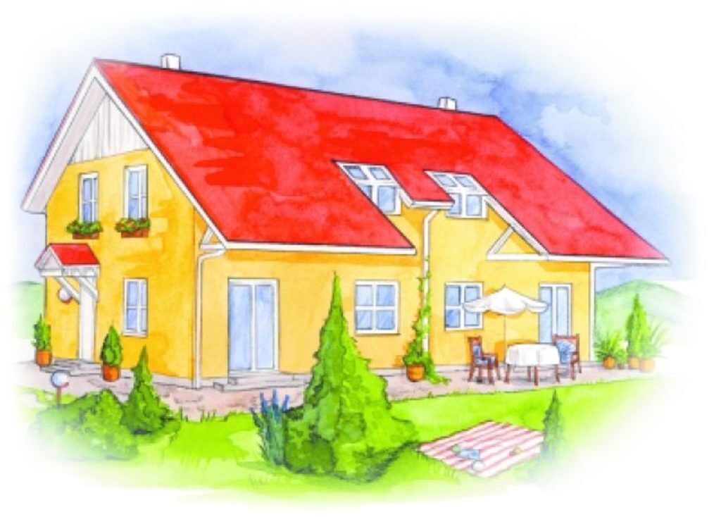Eine Aquarellillustration eines gelben zweistöckigen Hauses mit rotem Dach, grünen Fensterläden und Balkonen in einem Garten mit Bäumen, Blumen und Gartenmöbeln an einem sonnigen Tag.