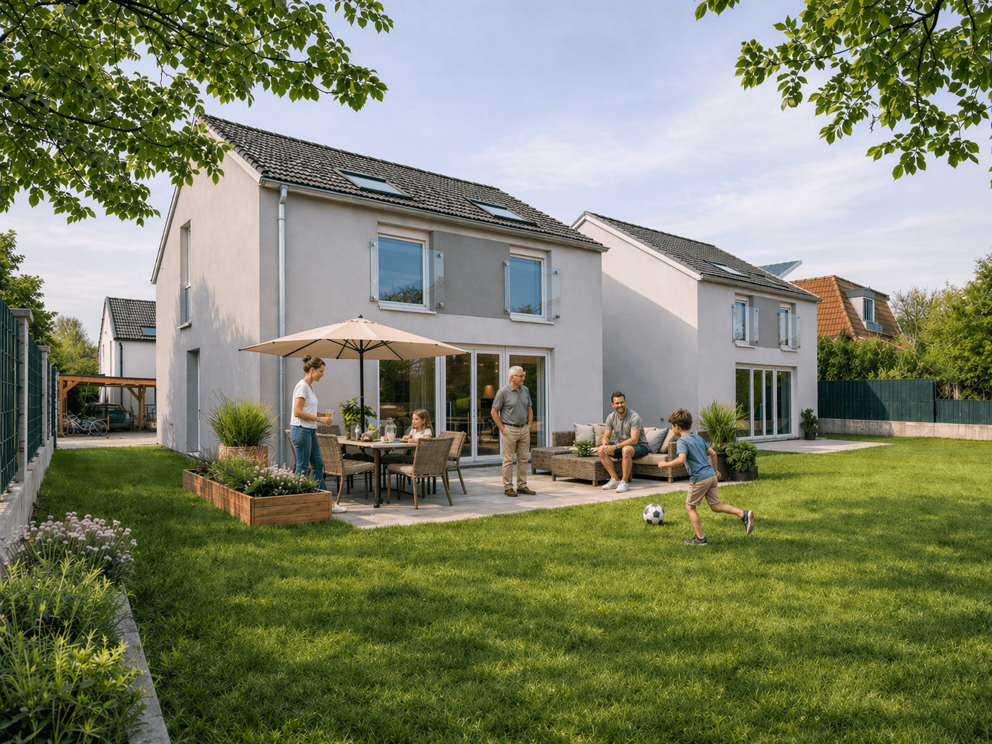 Eine Familie genießt die gemeinsame Zeit in einem sonnigen Hinterhof mit grünem Rasen. Zwei Kinder spielen Fußball, während die Erwachsenen um einen Tisch unter einem großen Terrassenschirm in der Nähe eines modernen zweistöckigen Hauses sitzen und stehen.