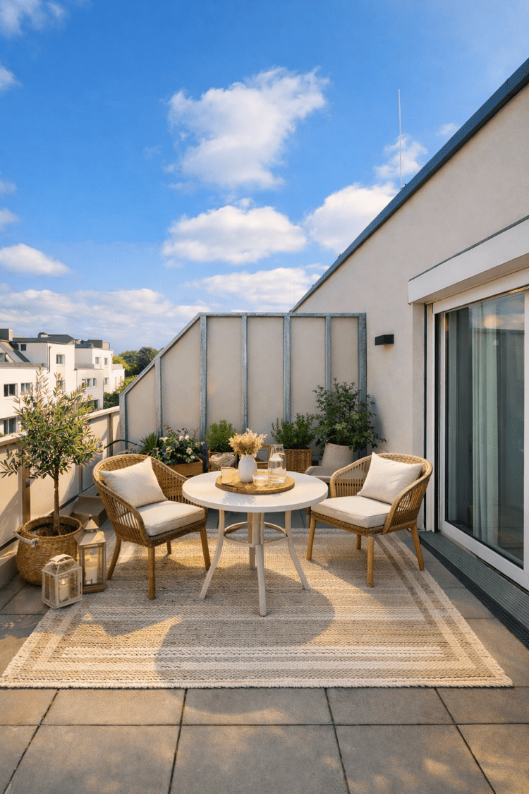 Eine gemütliche Dachterrasse mit einem runden Tisch, zwei Korbsesseln mit Kissen, Topfpflanzen und Laternen auf einem beigen Teppich, umgeben von modernen Gebäuden unter einem strahlend blauen Himmel mit vereinzelten Wolken.